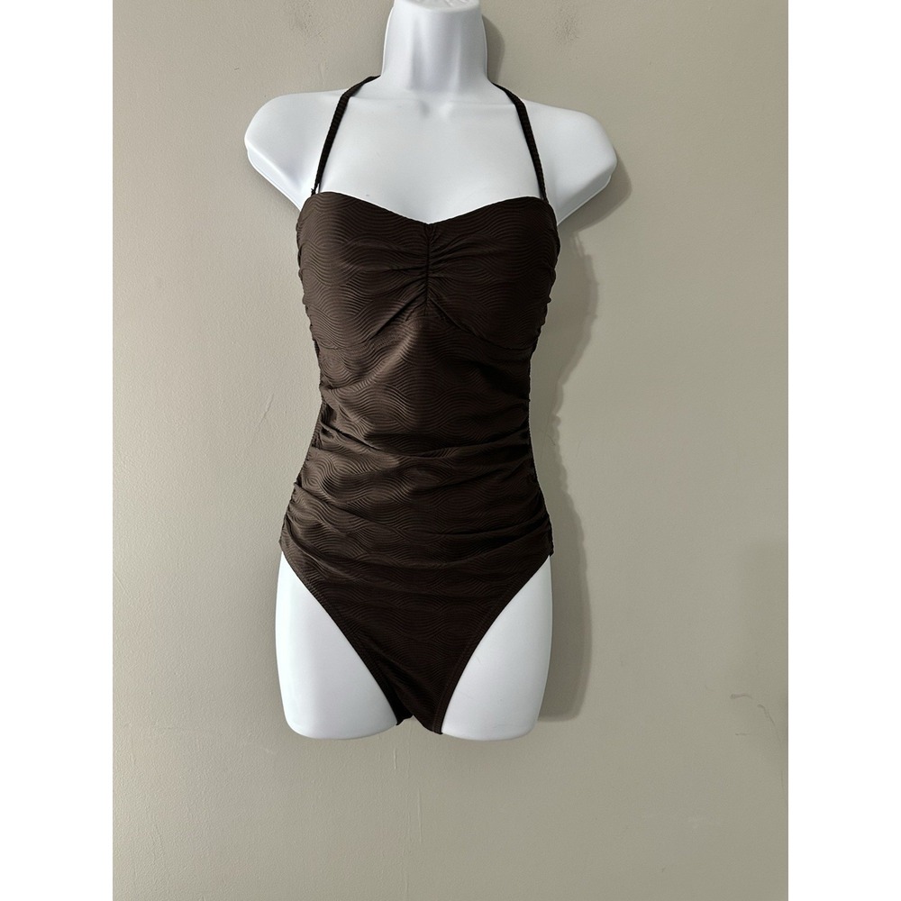 J. McLaughlin Ruched Halter One Piece Swimsuit Brown Textured Tummy Control Sz 8